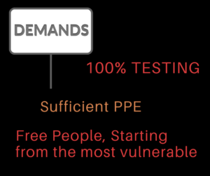 Demands. 100% testing. Sufficient PPE. Free People, Starting from the most vulnerable.